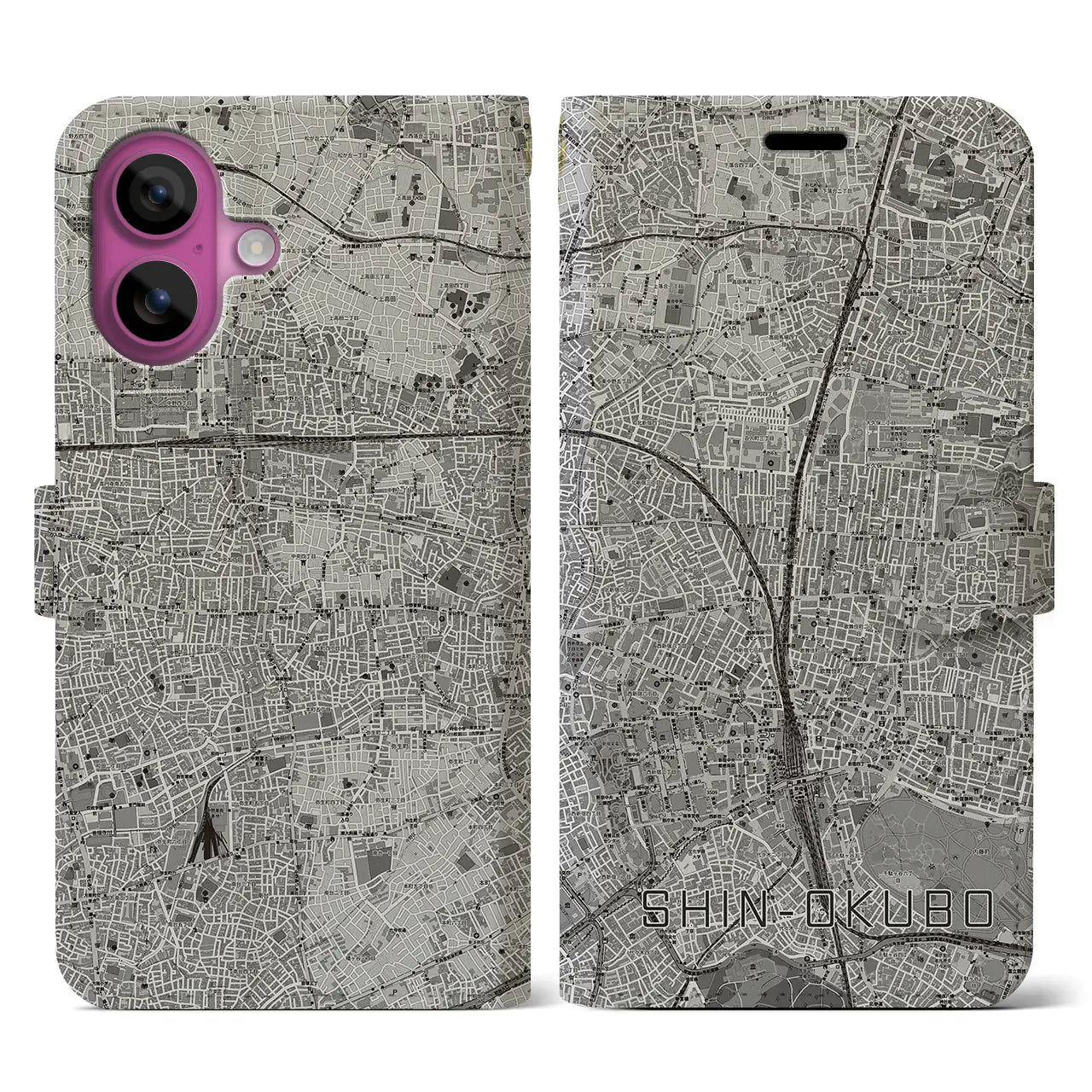 【新大久保(東京都)】地図柄iPhoneケース(手帳タイプ)モノトーン・iPhone 16 Pro 用