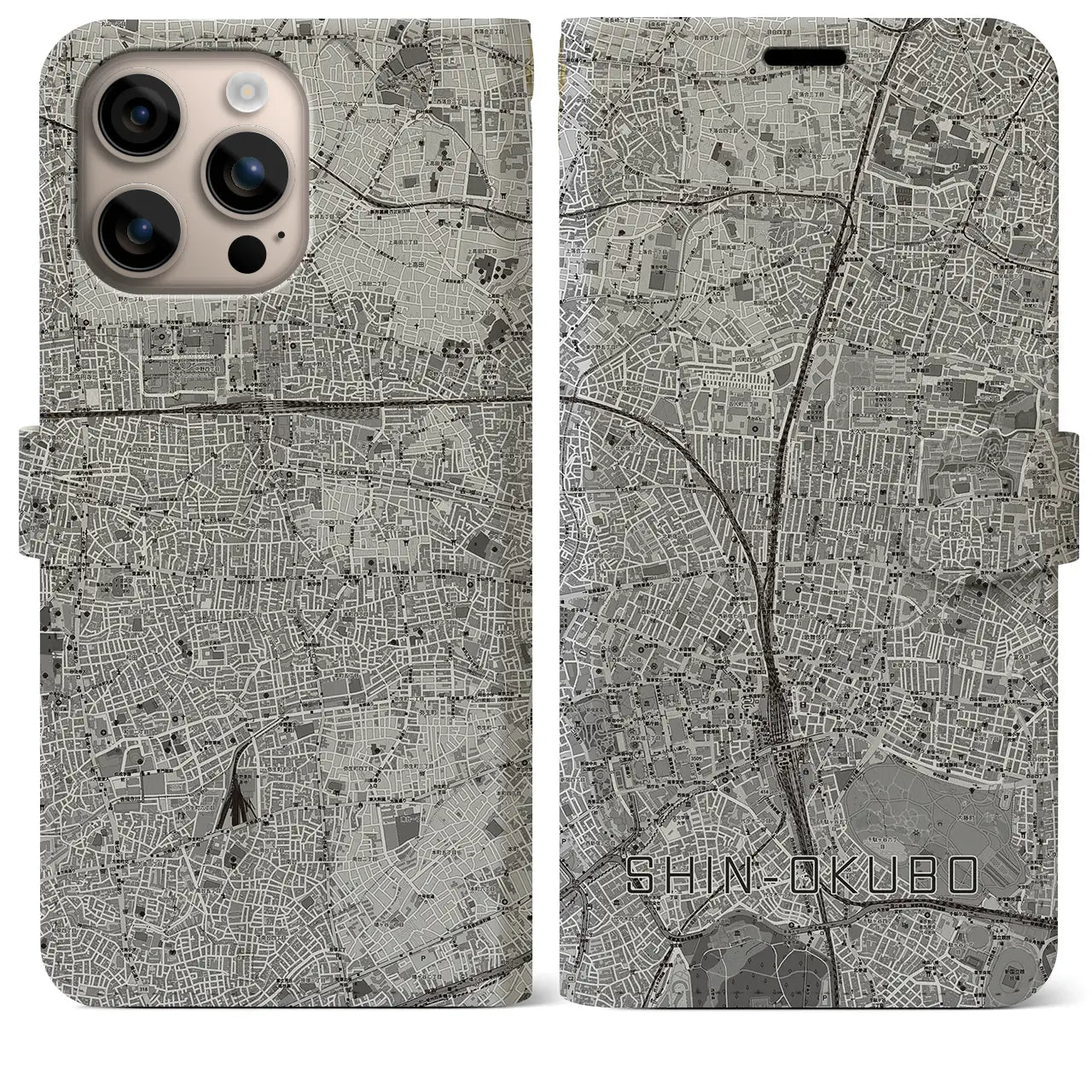 【新大久保(東京都)】地図柄iPhoneケース(手帳タイプ)モノトーン・iPhone 16 Plus 用