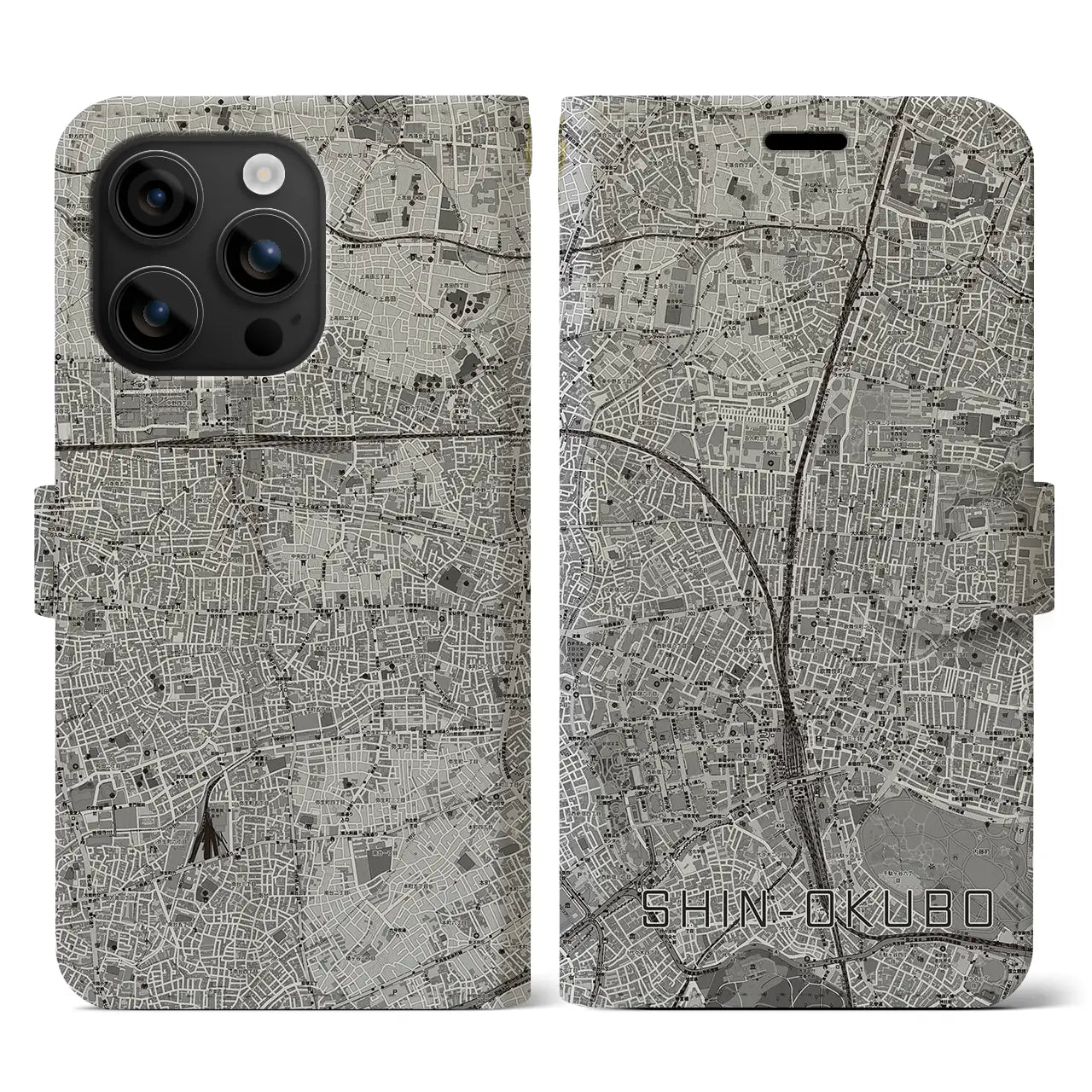 【新大久保(東京都)】地図柄iPhoneケース(手帳タイプ)モノトーン・iPhone 16 用