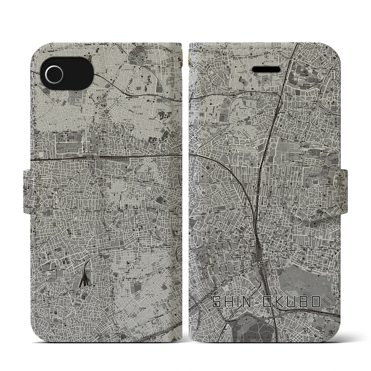 【新大久保(東京都)】地図柄iPhoneケース(手帳タイプ)モノトーン・iPhone SE(第3 / 第2世代) / 8 / 7 / 6s / 6 用