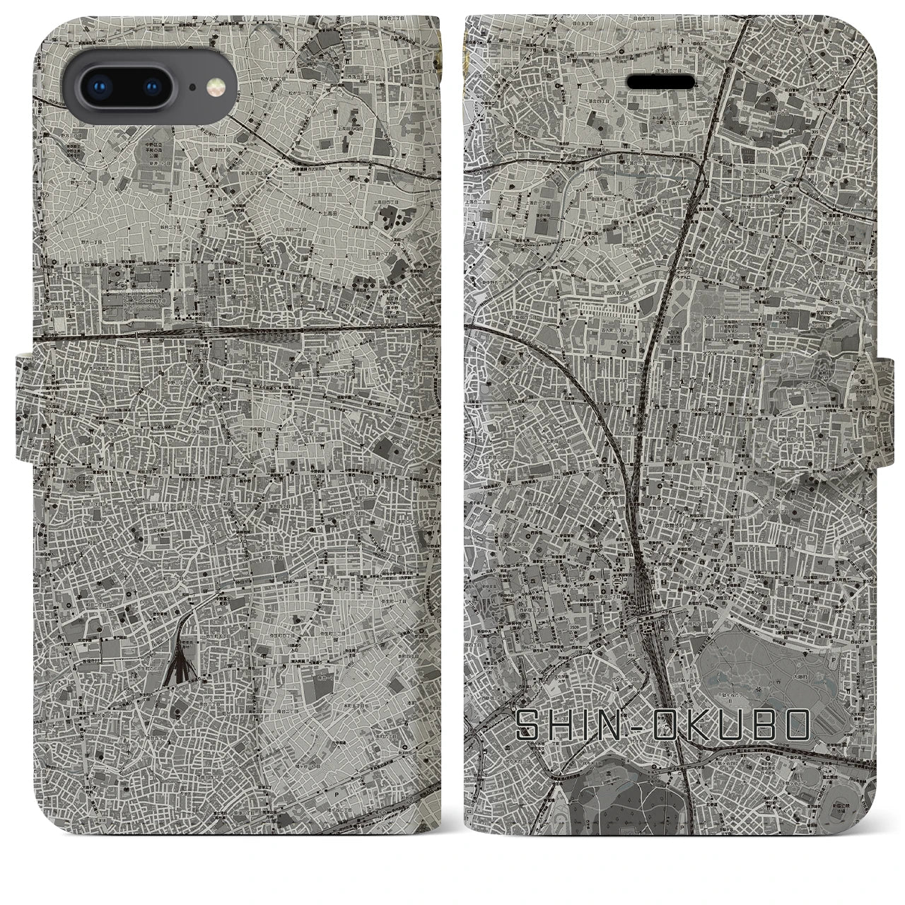 【新大久保(東京都)】地図柄iPhoneケース(手帳タイプ)モノトーン・iPhone 8Plus /7Plus / 6sPlus / 6Plus 用