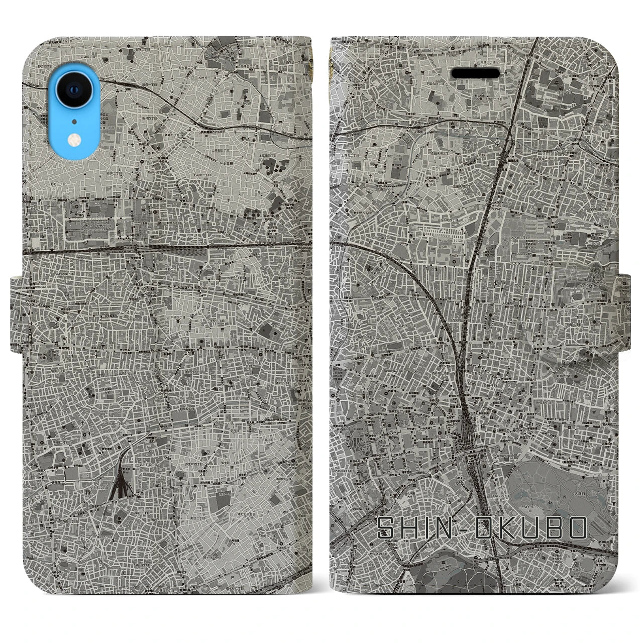 【新大久保(東京都)】地図柄iPhoneケース(手帳タイプ)モノトーン・iPhone XR 用
