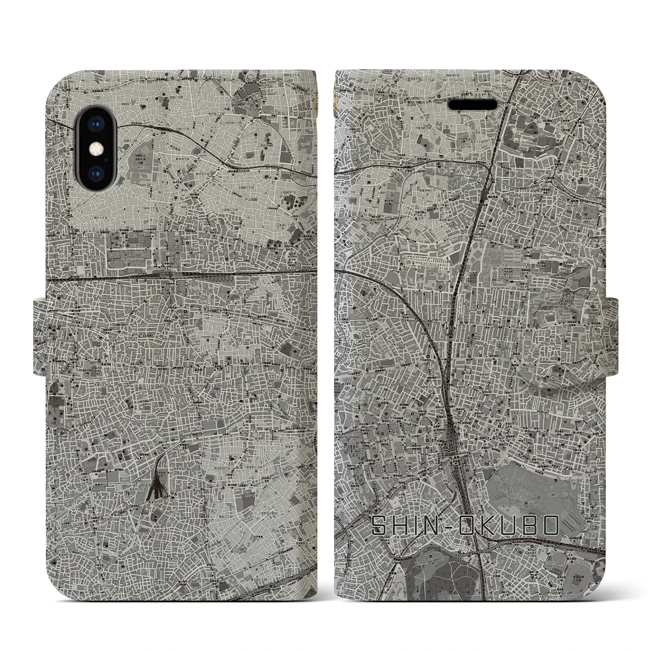 【新大久保(東京都)】地図柄iPhoneケース(手帳タイプ)モノトーン・iPhone XS / X 用