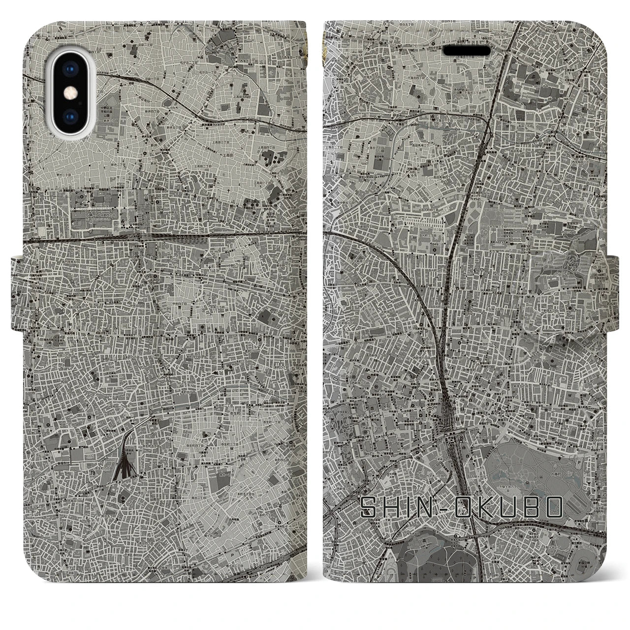 【新大久保(東京都)】地図柄iPhoneケース(手帳タイプ)モノトーン・iPhone XS Max 用