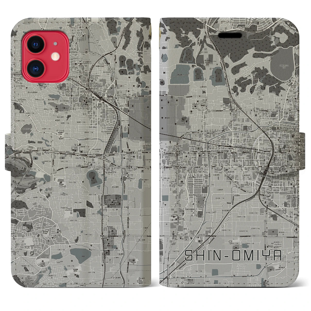 【新大宮(奈良県)】地図柄iPhoneケース(手帳タイプ)モノトーン・iPhone 11 用