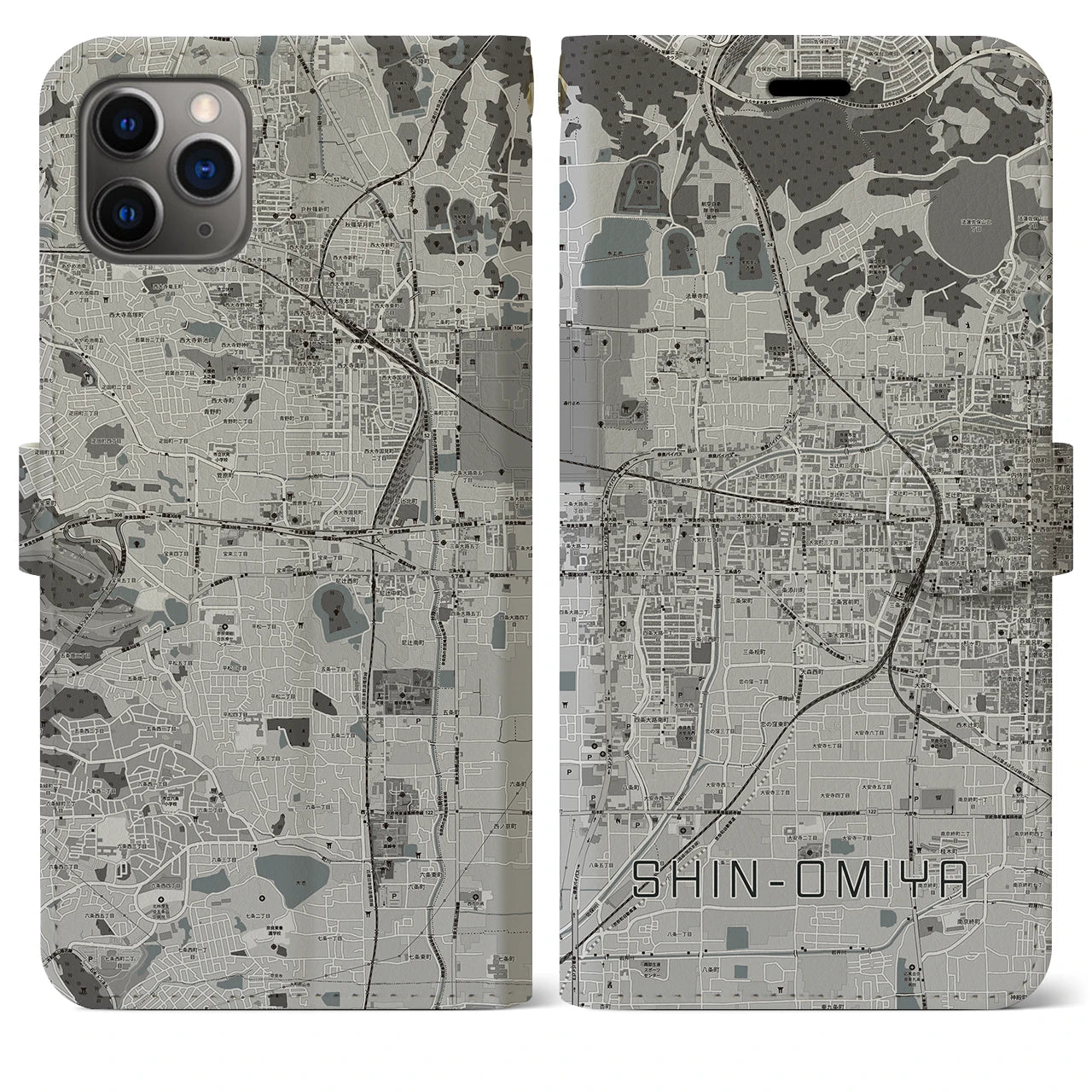 【新大宮(奈良県)】地図柄iPhoneケース(手帳タイプ)モノトーン・iPhone 11 Pro Max 用