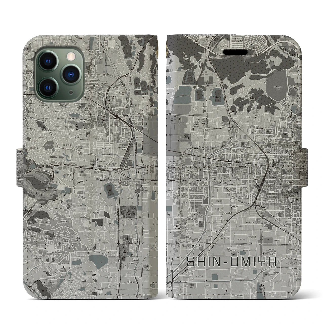 【新大宮(奈良県)】地図柄iPhoneケース(手帳タイプ)モノトーン・iPhone 11 Pro 用