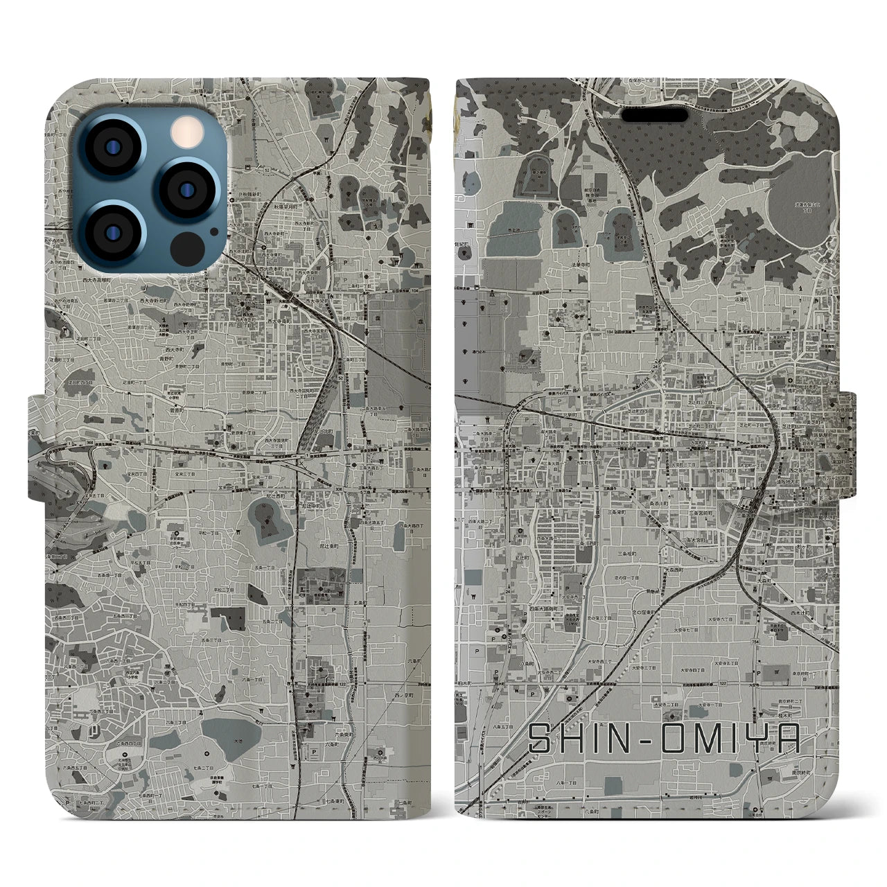 【新大宮(奈良県)】地図柄iPhoneケース(手帳タイプ)モノトーン・iPhone 12 / 12 Pro 用