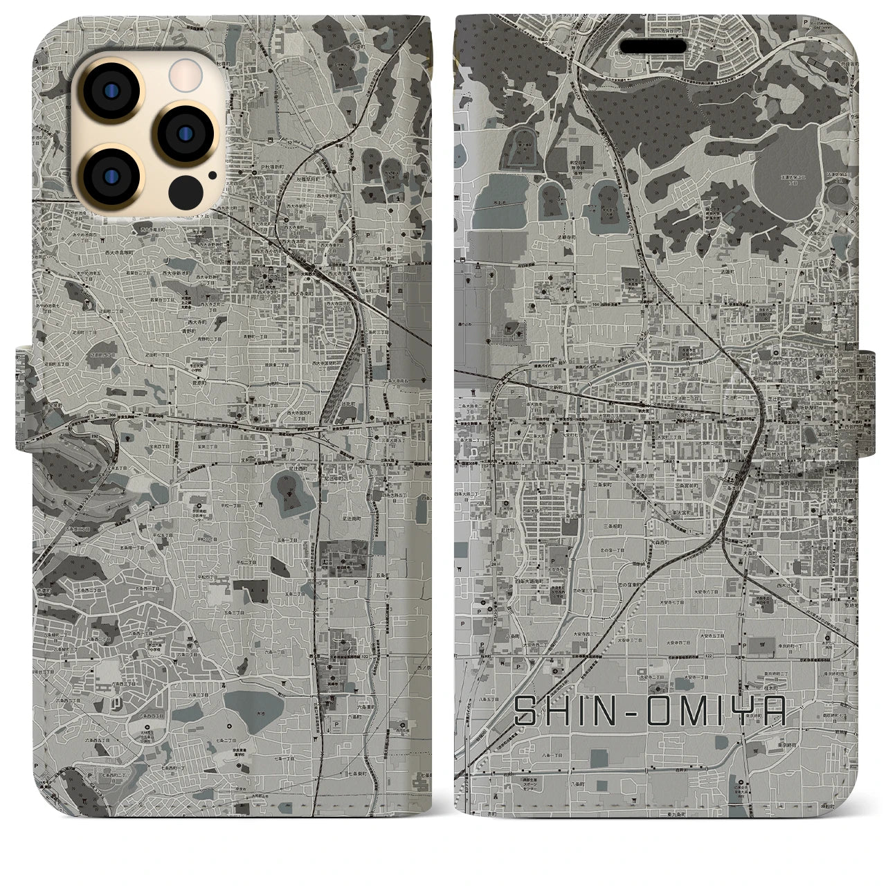 【新大宮(奈良県)】地図柄iPhoneケース(手帳タイプ)モノトーン・iPhone 12 Pro Max 用