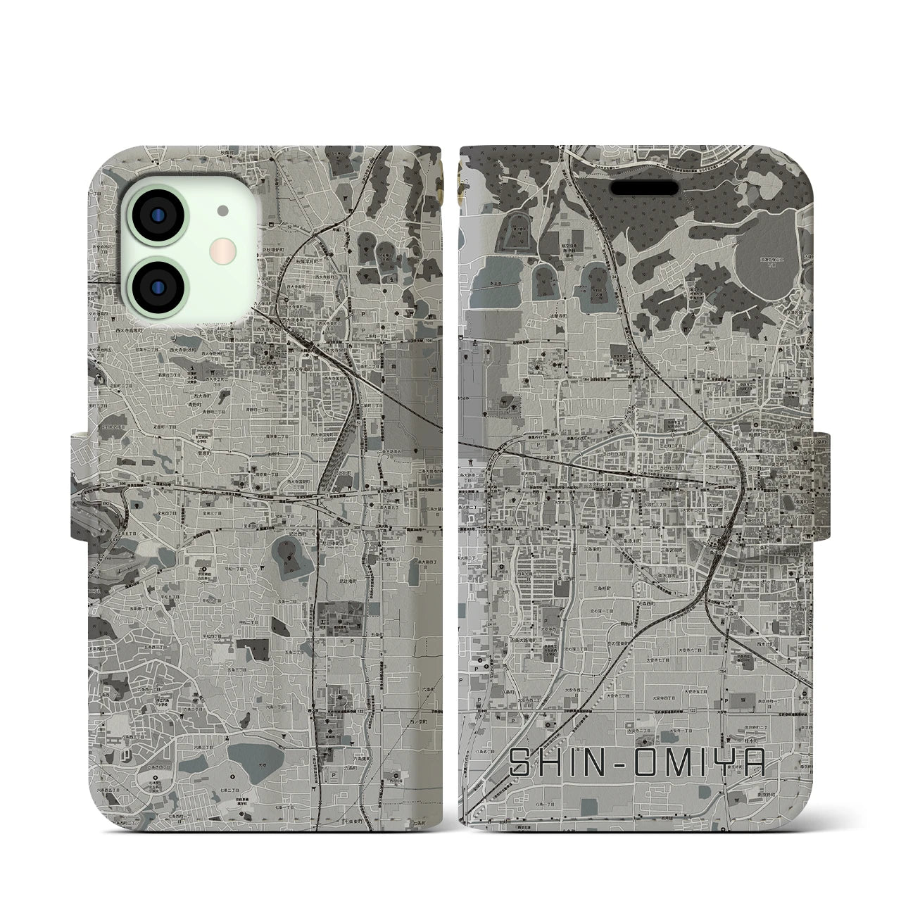 【新大宮(奈良県)】地図柄iPhoneケース(手帳タイプ)モノトーン・iPhone 12 mini 用