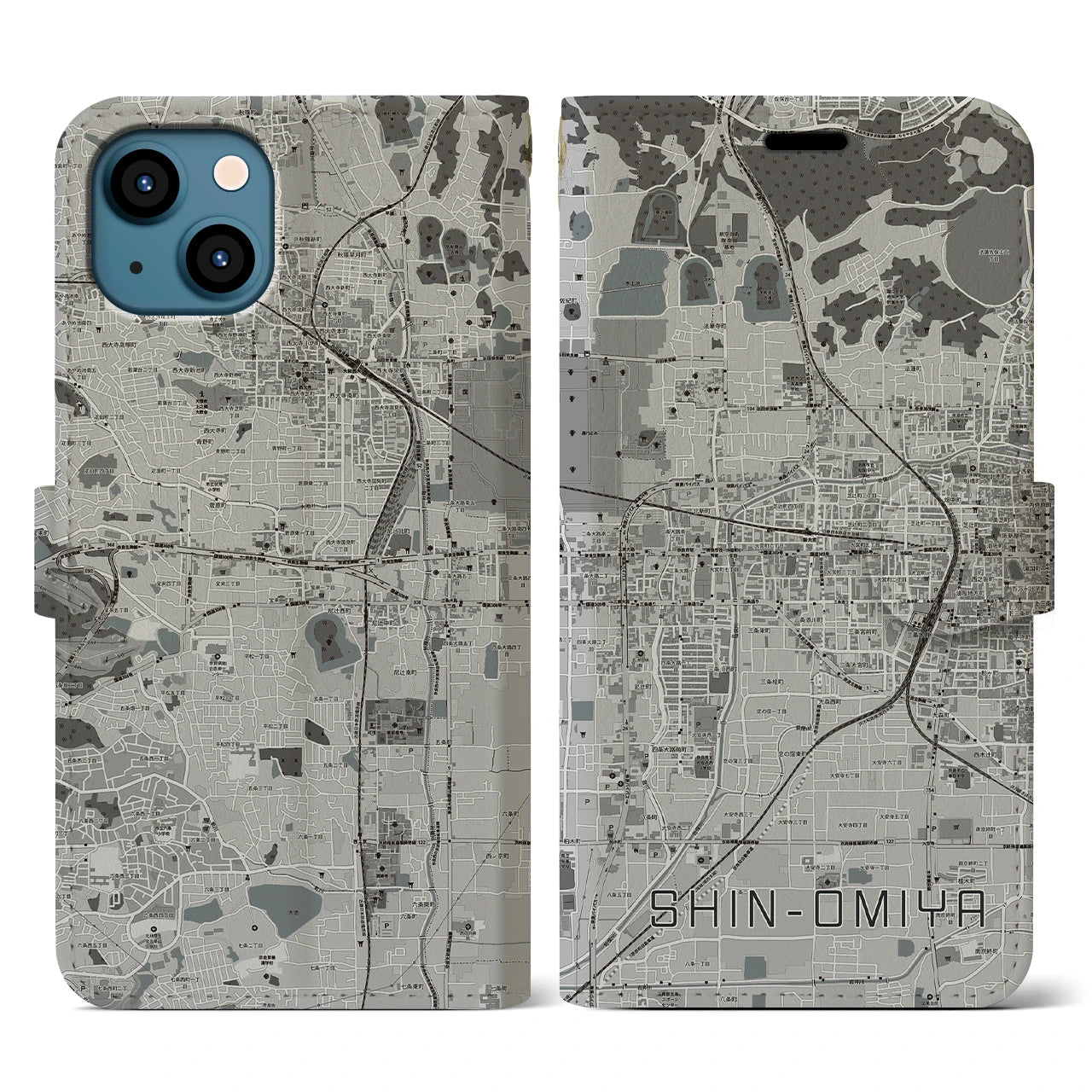 【新大宮(奈良県)】地図柄iPhoneケース(手帳タイプ)モノトーン・iPhone 13 用