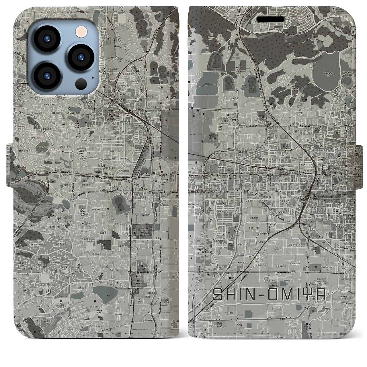 【新大宮(奈良県)】地図柄iPhoneケース(手帳タイプ)モノトーン・iPhone 13 Pro Max 用