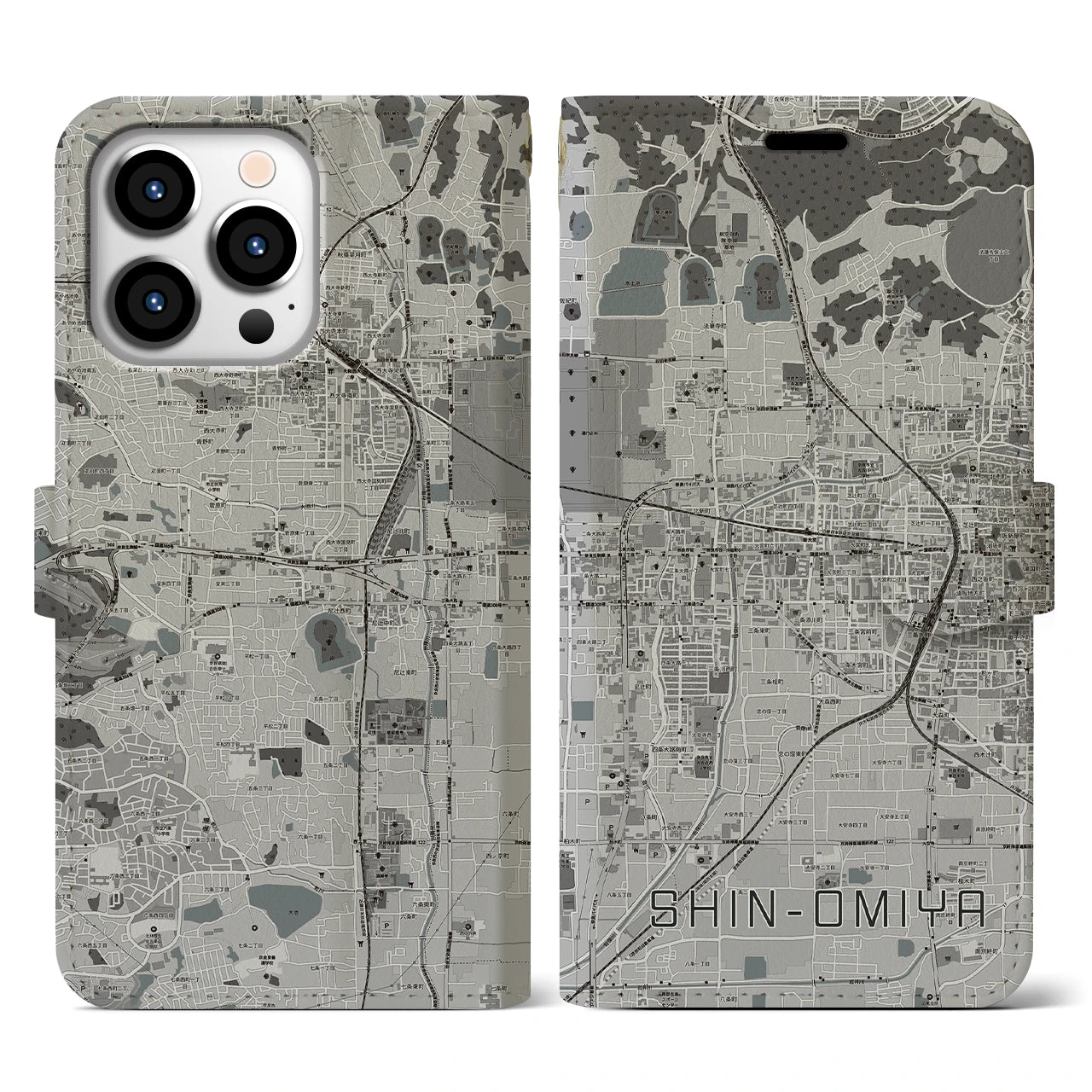 【新大宮(奈良県)】地図柄iPhoneケース(手帳タイプ)モノトーン・iPhone 13 Pro 用