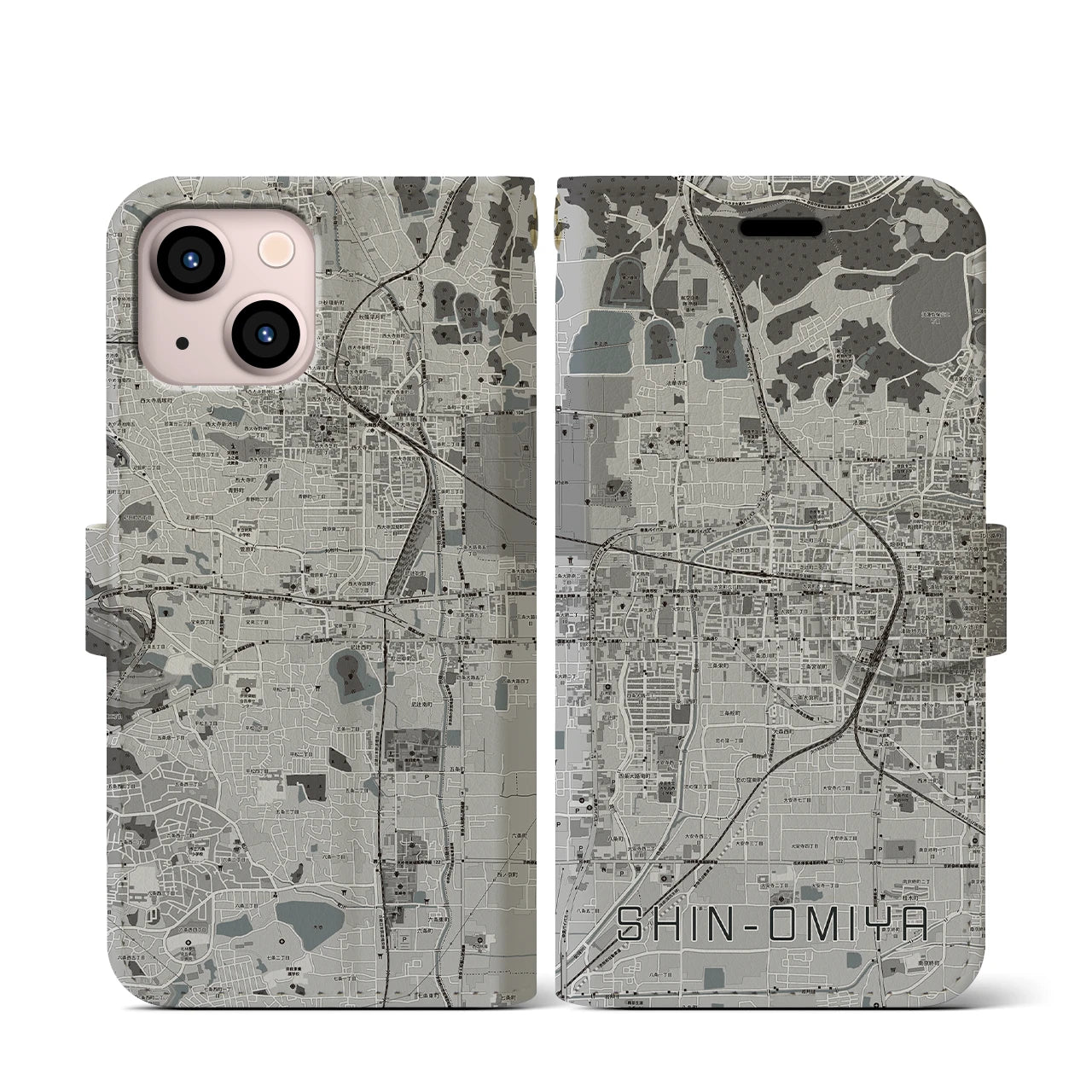 【新大宮(奈良県)】地図柄iPhoneケース(手帳タイプ)モノトーン・iPhone 13 mini 用