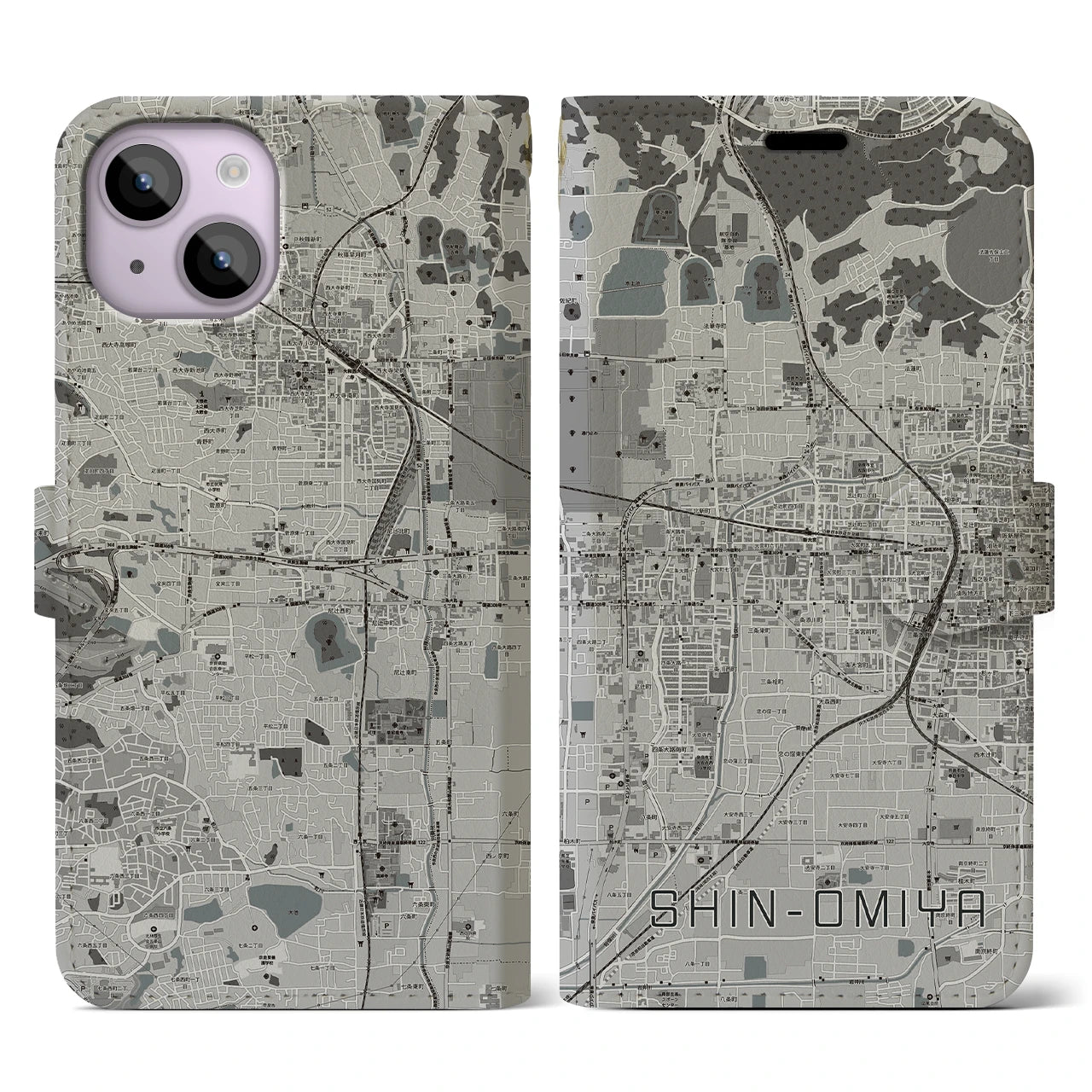 【新大宮(奈良県)】地図柄iPhoneケース(手帳タイプ)モノトーン・iPhone 14 用