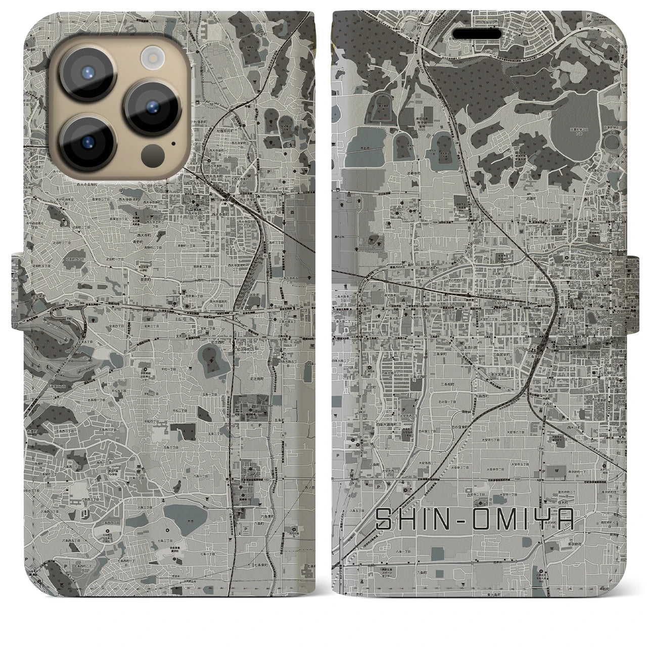 【新大宮(奈良県)】地図柄iPhoneケース(手帳タイプ)モノトーン・iPhone 14 Pro Max 用