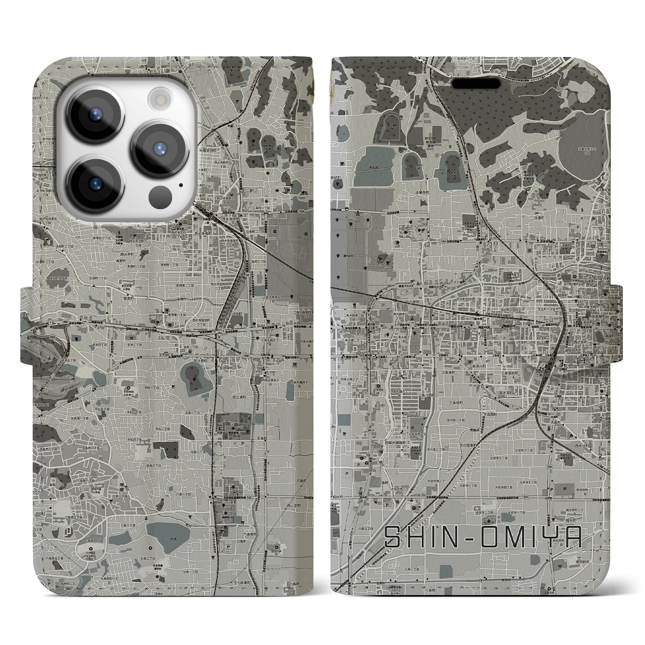 【新大宮(奈良県)】地図柄iPhoneケース(手帳タイプ)モノトーン・iPhone 14 Pro 用