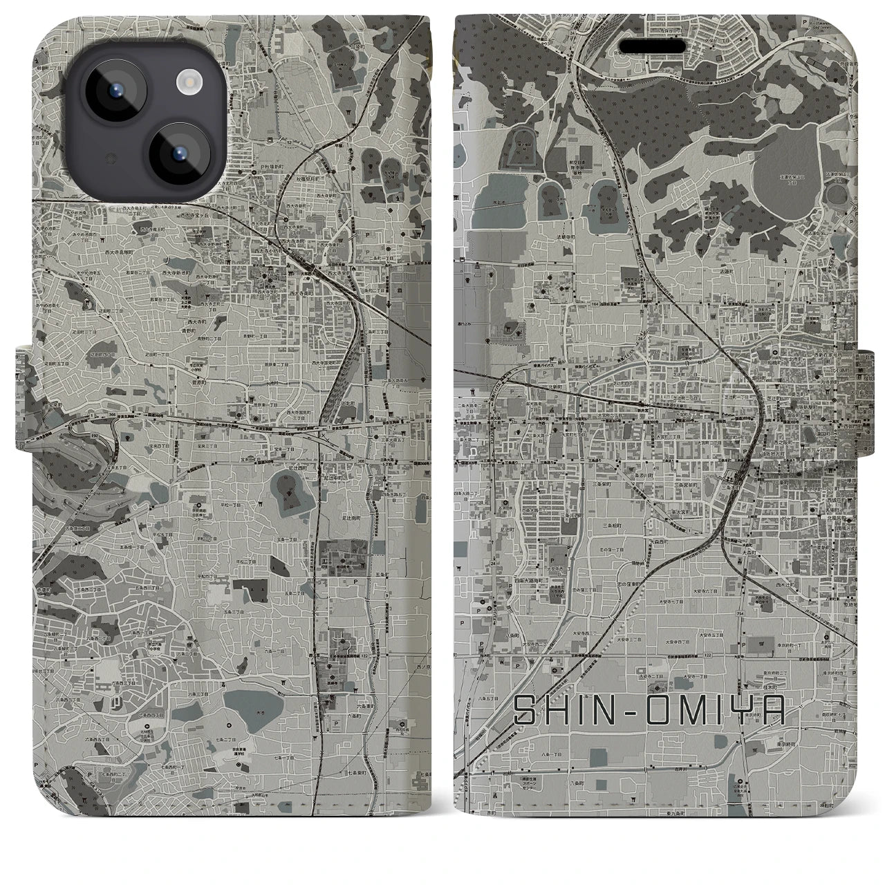 【新大宮(奈良県)】地図柄iPhoneケース(手帳タイプ)モノトーン・iPhone 14 Plus 用