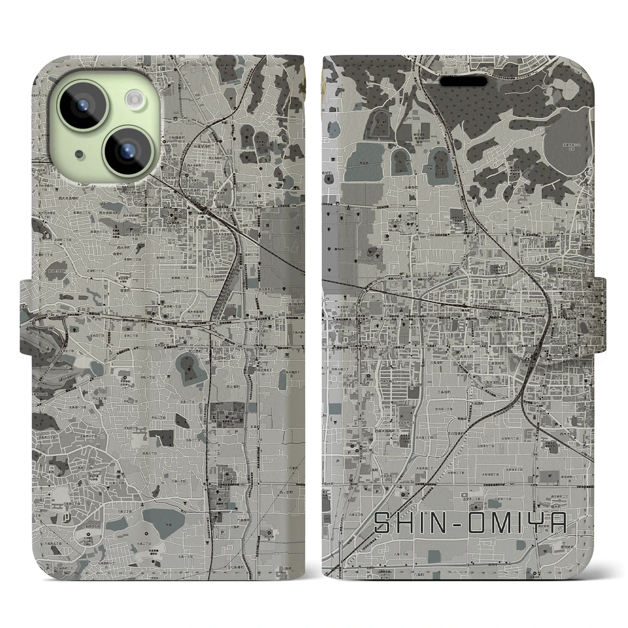 【新大宮(奈良県)】地図柄iPhoneケース(手帳タイプ)モノトーン・iPhone 15 用