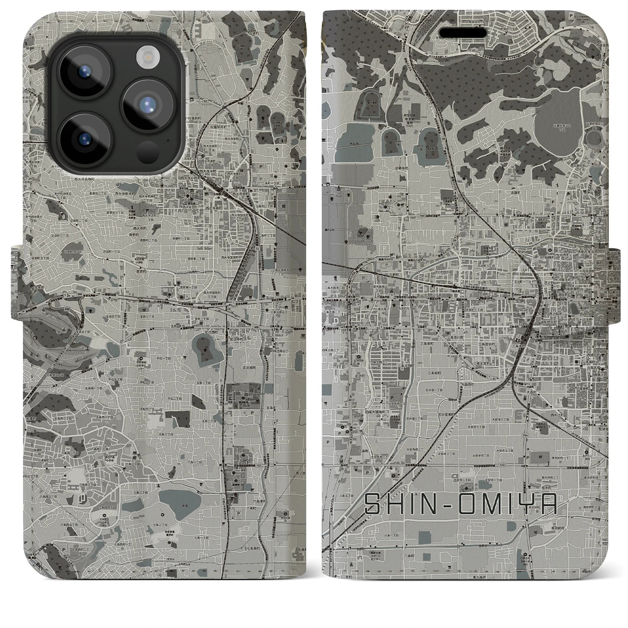 【新大宮(奈良県)】地図柄iPhoneケース(手帳タイプ)モノトーン・iPhone 15 Pro Max 用