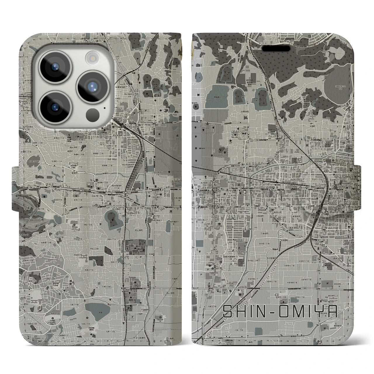 【新大宮(奈良県)】地図柄iPhoneケース(手帳タイプ)モノトーン・iPhone 15 Pro 用