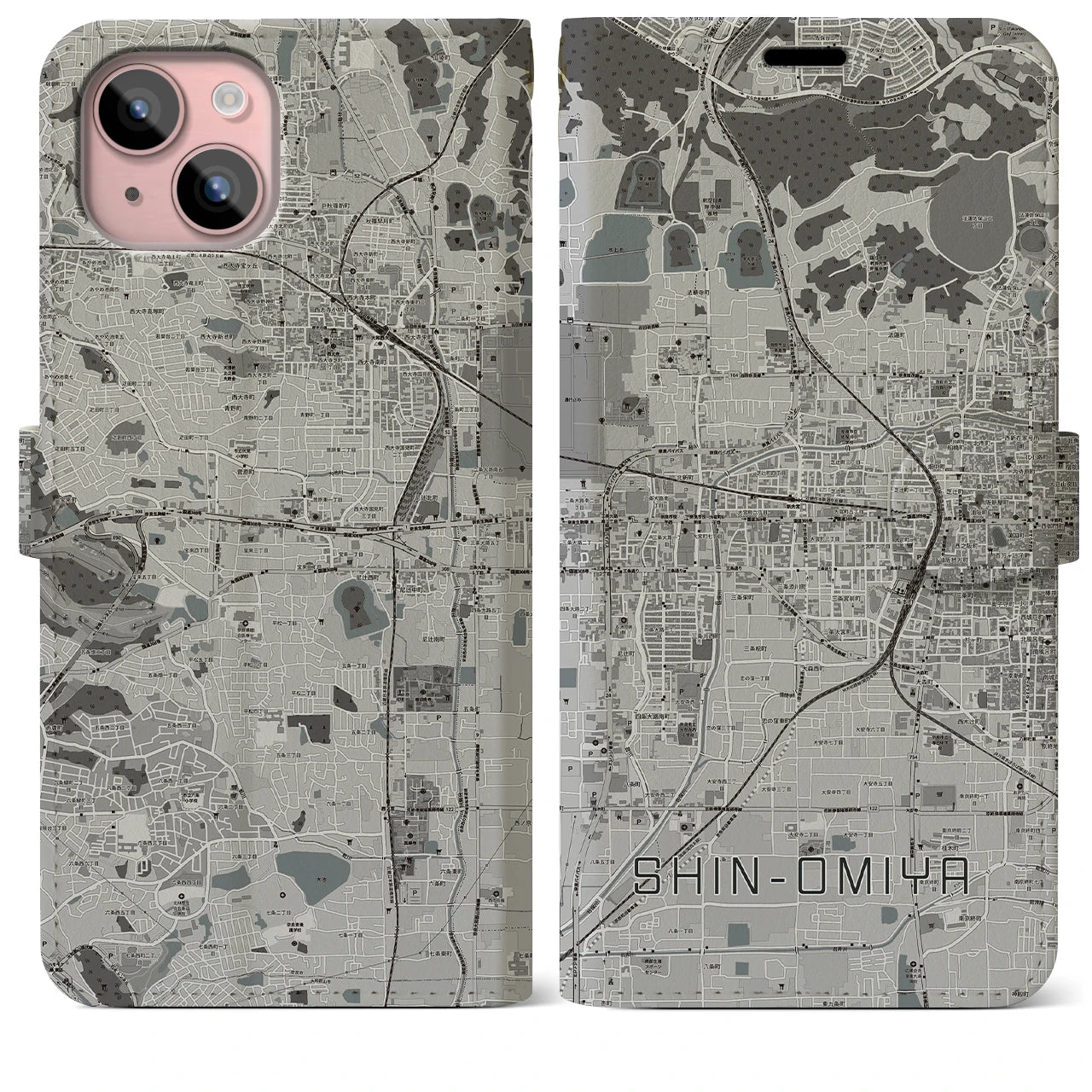 【新大宮(奈良県)】地図柄iPhoneケース(手帳タイプ)モノトーン・iPhone 15 Plus 用