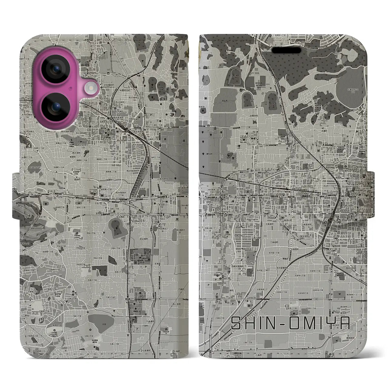 【新大宮(奈良県)】地図柄iPhoneケース(手帳タイプ)モノトーン・iPhone 16 Pro 用