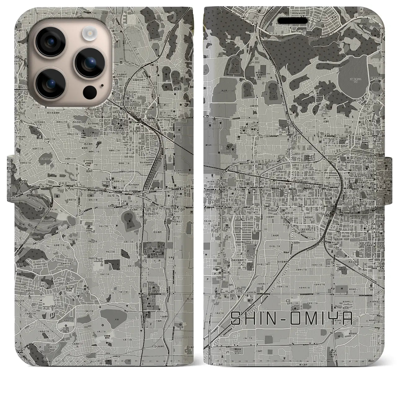 【新大宮(奈良県)】地図柄iPhoneケース(手帳タイプ)モノトーン・iPhone 16 Plus 用