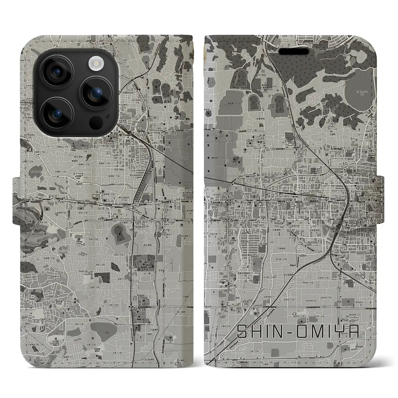 【新大宮(奈良県)】地図柄iPhoneケース(手帳タイプ)モノトーン・iPhone 16 用