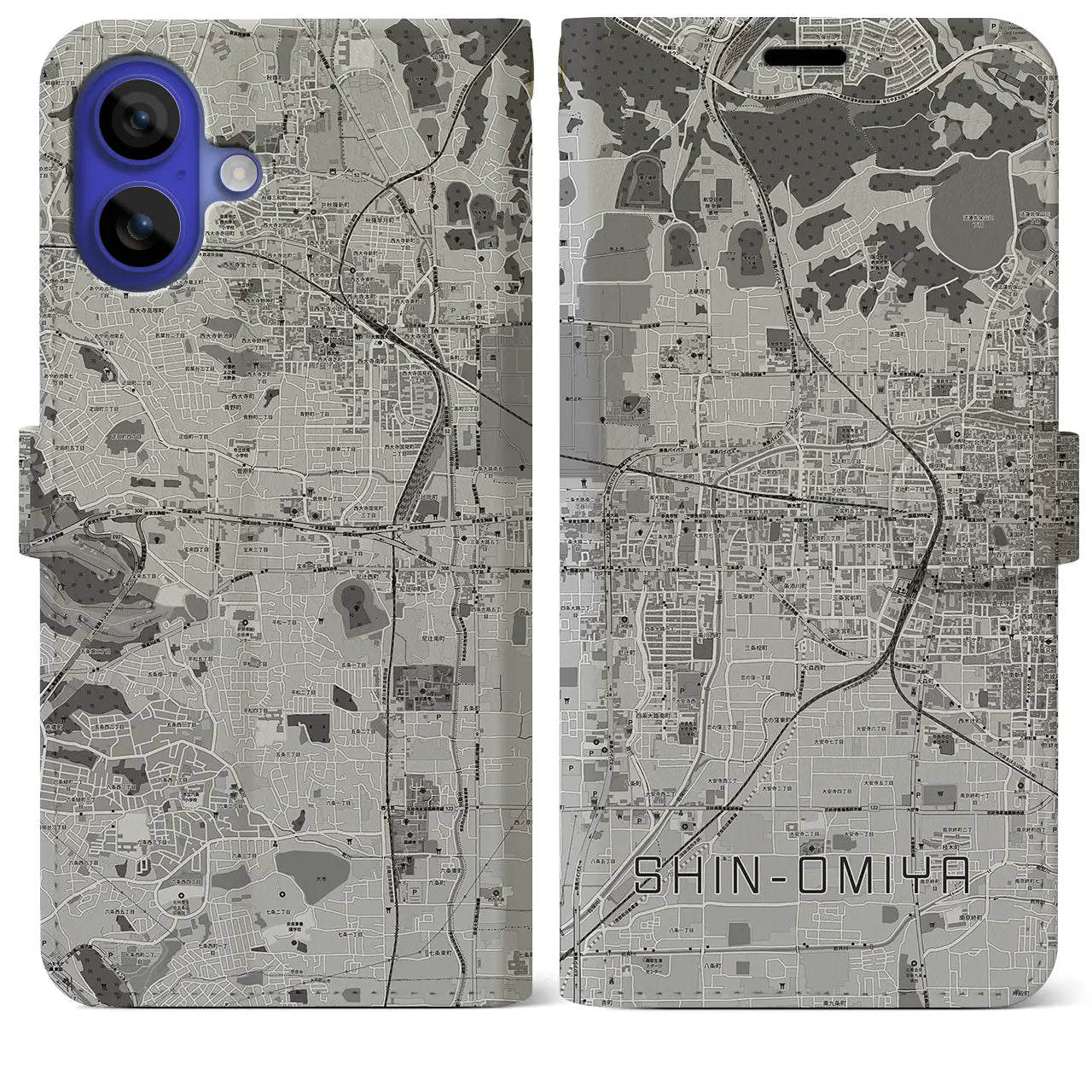 【新大宮(奈良県)】地図柄iPhoneケース(手帳タイプ)モノトーン・iPhone 16 Pro Max 用