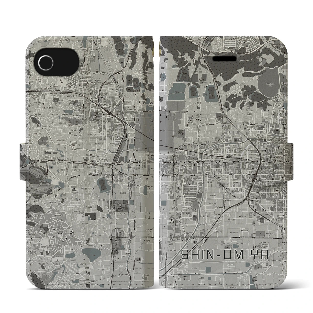 【新大宮(奈良県)】地図柄iPhoneケース(手帳タイプ)モノトーン・iPhone SE(第3 / 第2世代) / 8 / 7 / 6s / 6 用