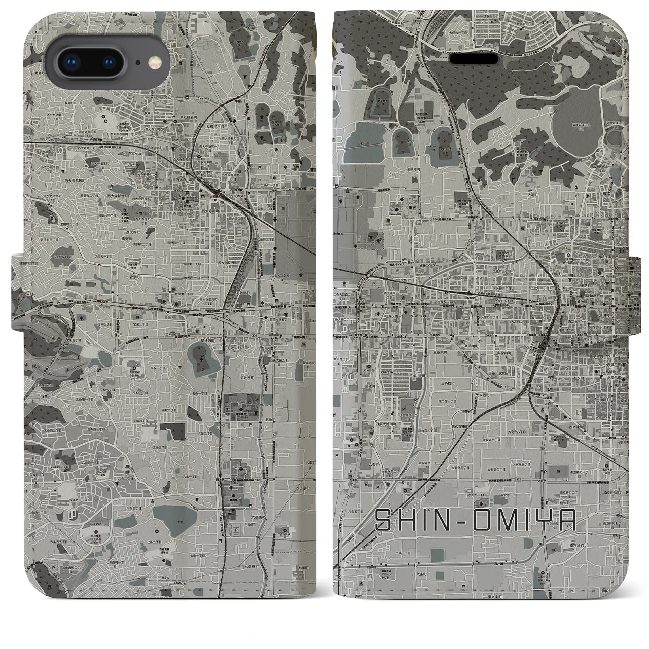 【新大宮(奈良県)】地図柄iPhoneケース(手帳タイプ)モノトーン・iPhone 8Plus /7Plus / 6sPlus / 6Plus 用