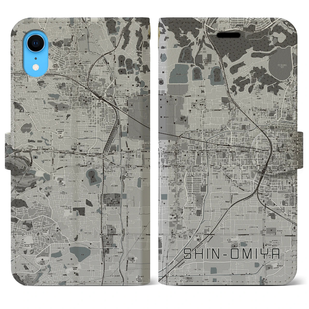 【新大宮(奈良県)】地図柄iPhoneケース(手帳タイプ)モノトーン・iPhone XR 用