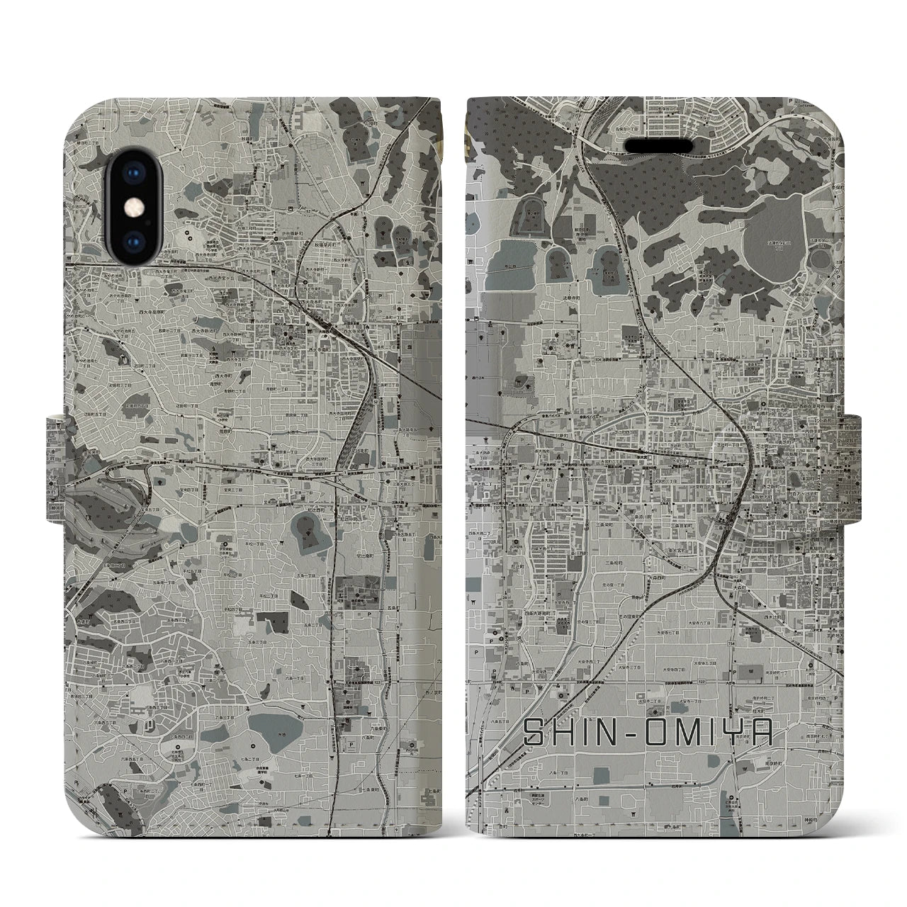 【新大宮(奈良県)】地図柄iPhoneケース(手帳タイプ)モノトーン・iPhone XS / X 用