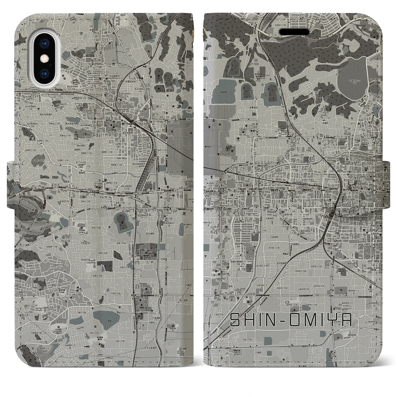 【新大宮(奈良県)】地図柄iPhoneケース(手帳タイプ)モノトーン・iPhone XS Max 用