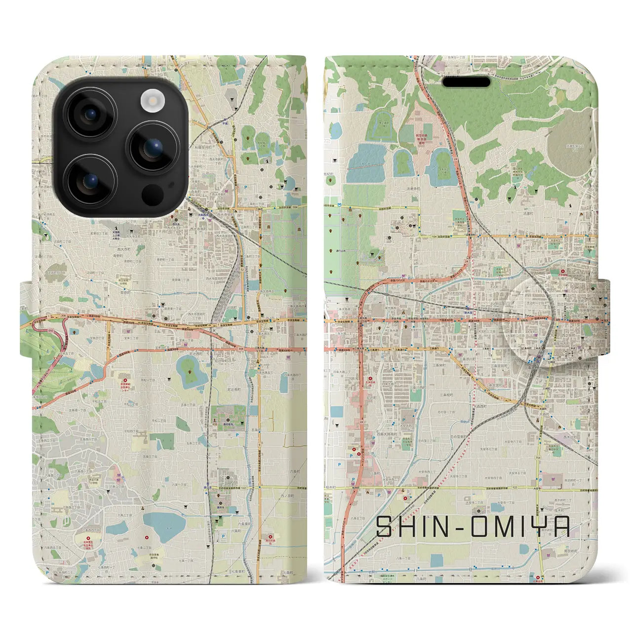 【新大宮(奈良県)】地図柄iPhoneケース(手帳タイプ)ナチュラル・iPhone 16 用