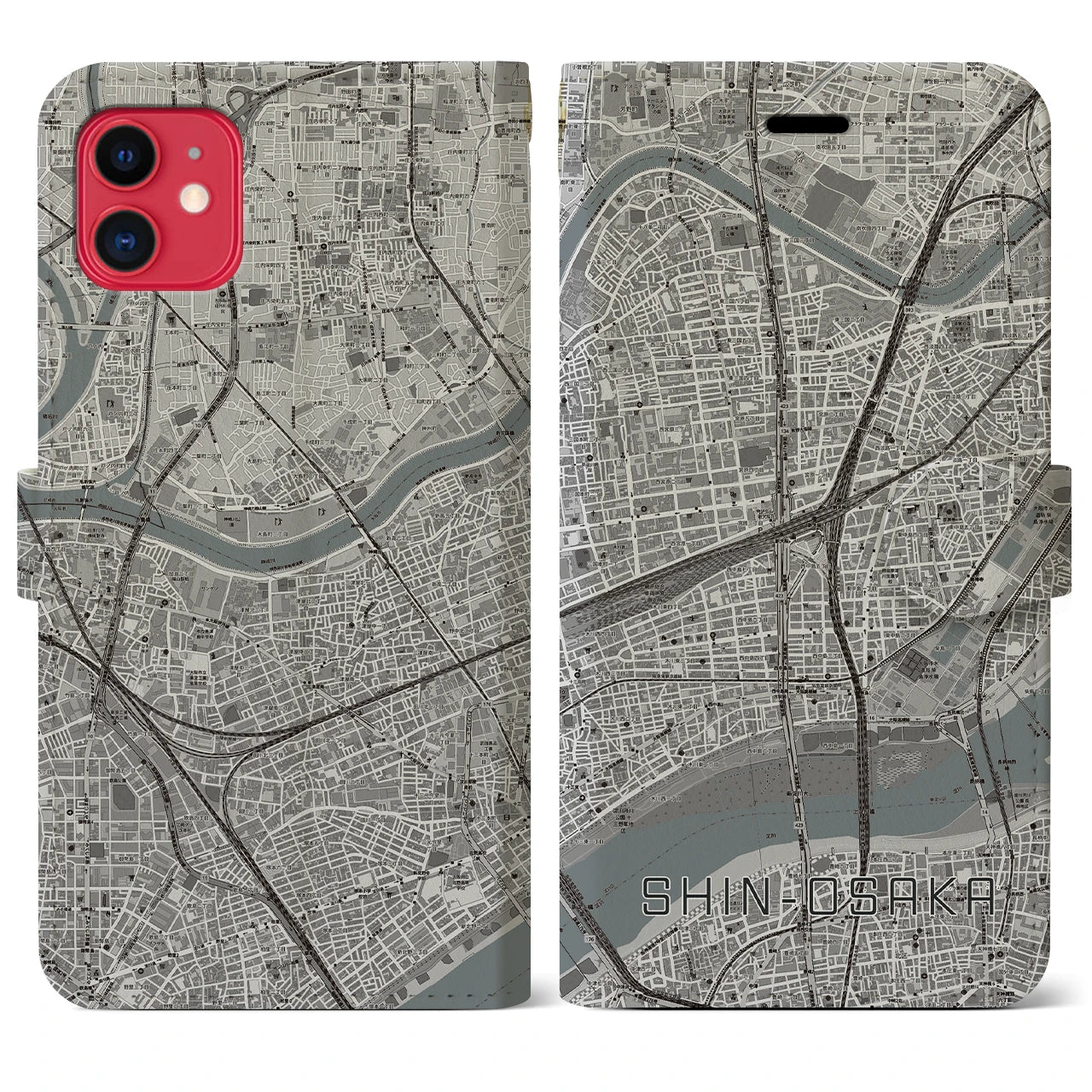 【新大阪(大阪府)】地図柄iPhoneケース(手帳タイプ)モノトーン・iPhone 11 用