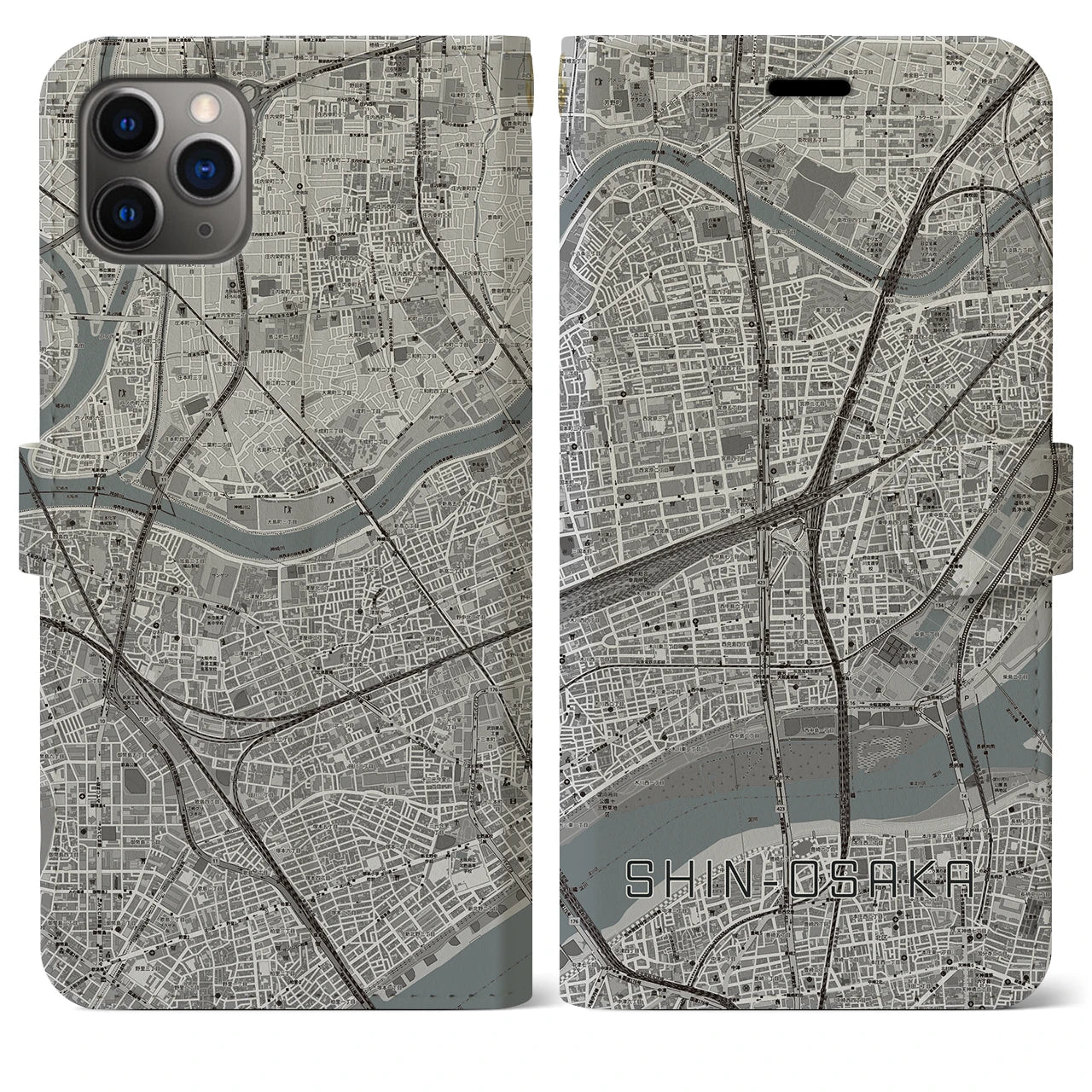 【新大阪(大阪府)】地図柄iPhoneケース(手帳タイプ)モノトーン・iPhone 11 Pro Max 用