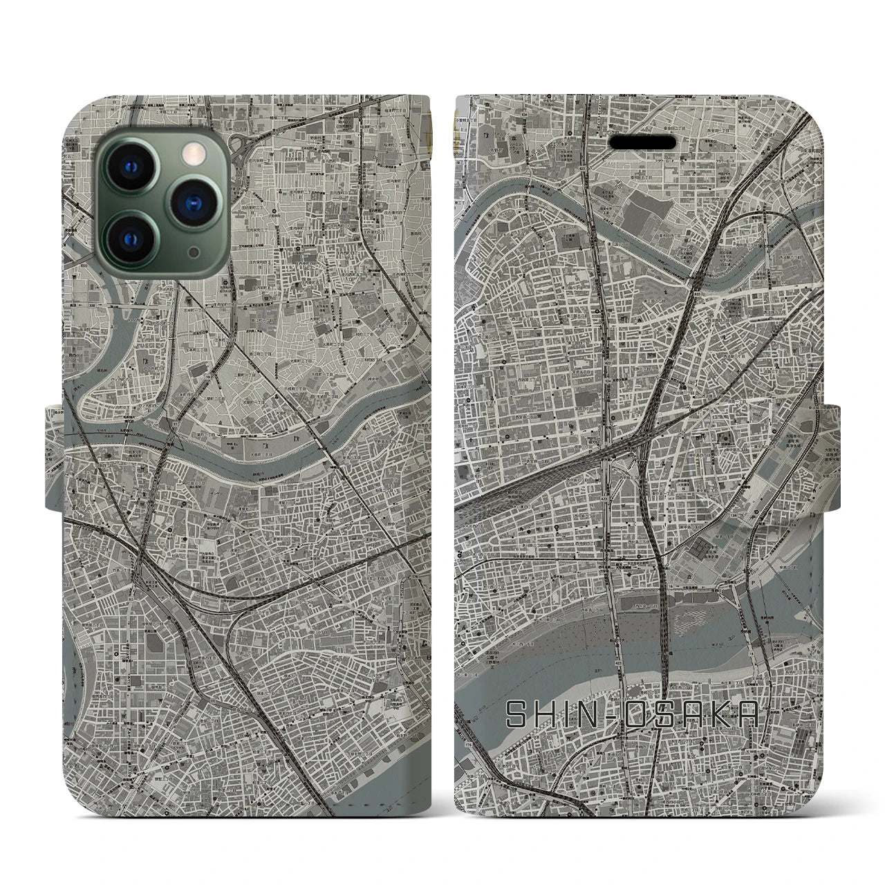 【新大阪(大阪府)】地図柄iPhoneケース(手帳タイプ)モノトーン・iPhone 11 Pro 用