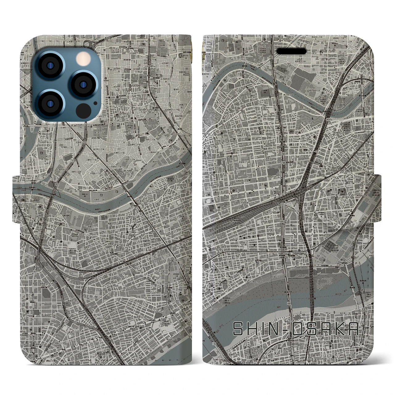 【新大阪(大阪府)】地図柄iPhoneケース(手帳タイプ)モノトーン・iPhone 12 / 12 Pro 用