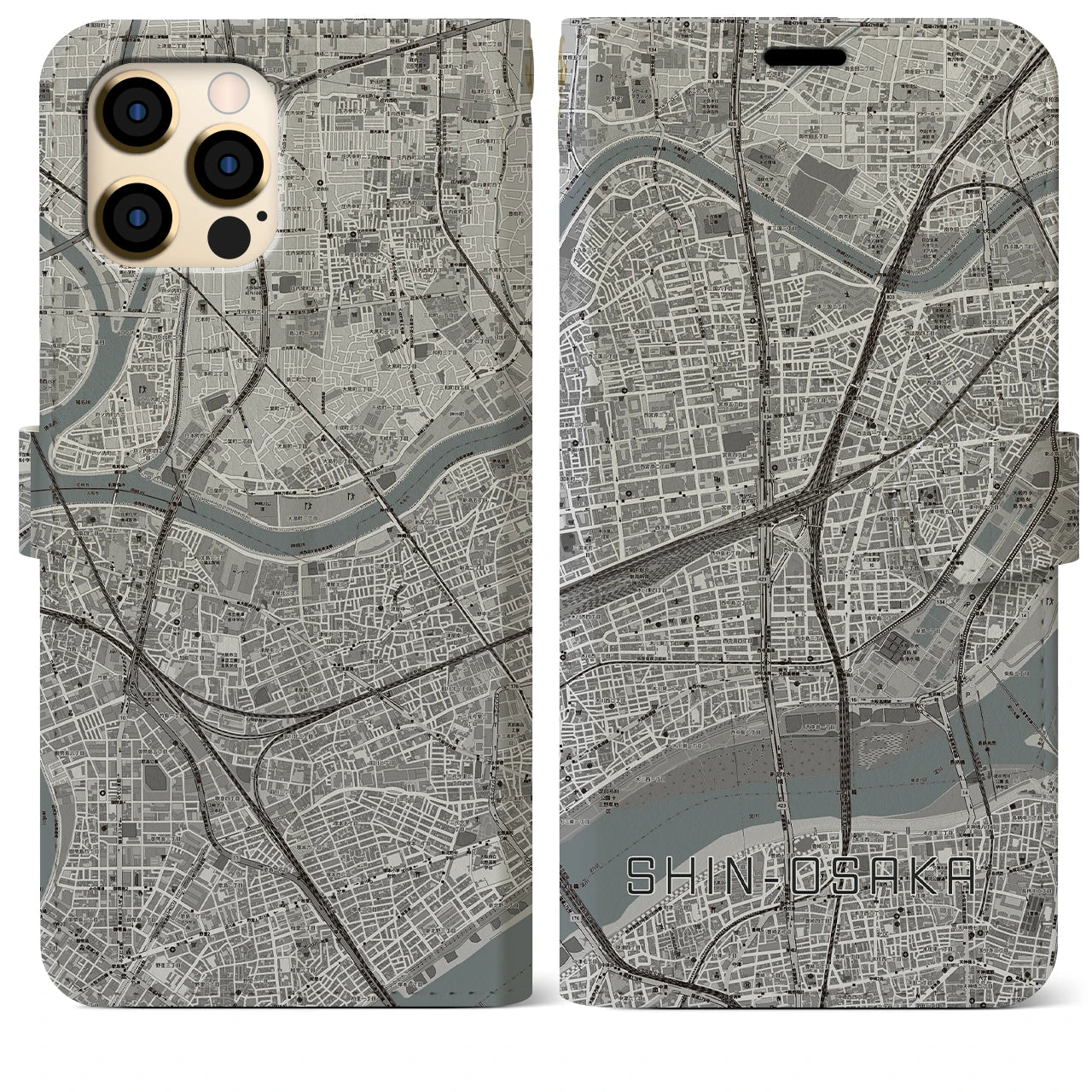 【新大阪(大阪府)】地図柄iPhoneケース(手帳タイプ)モノトーン・iPhone 12 Pro Max 用