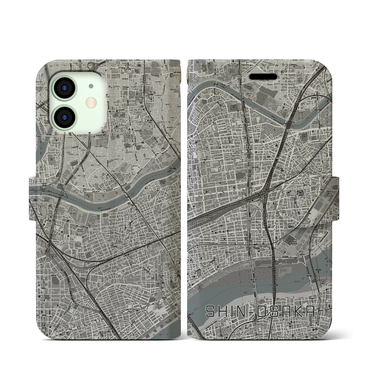 【新大阪(大阪府)】地図柄iPhoneケース(手帳タイプ)モノトーン・iPhone 12 mini 用