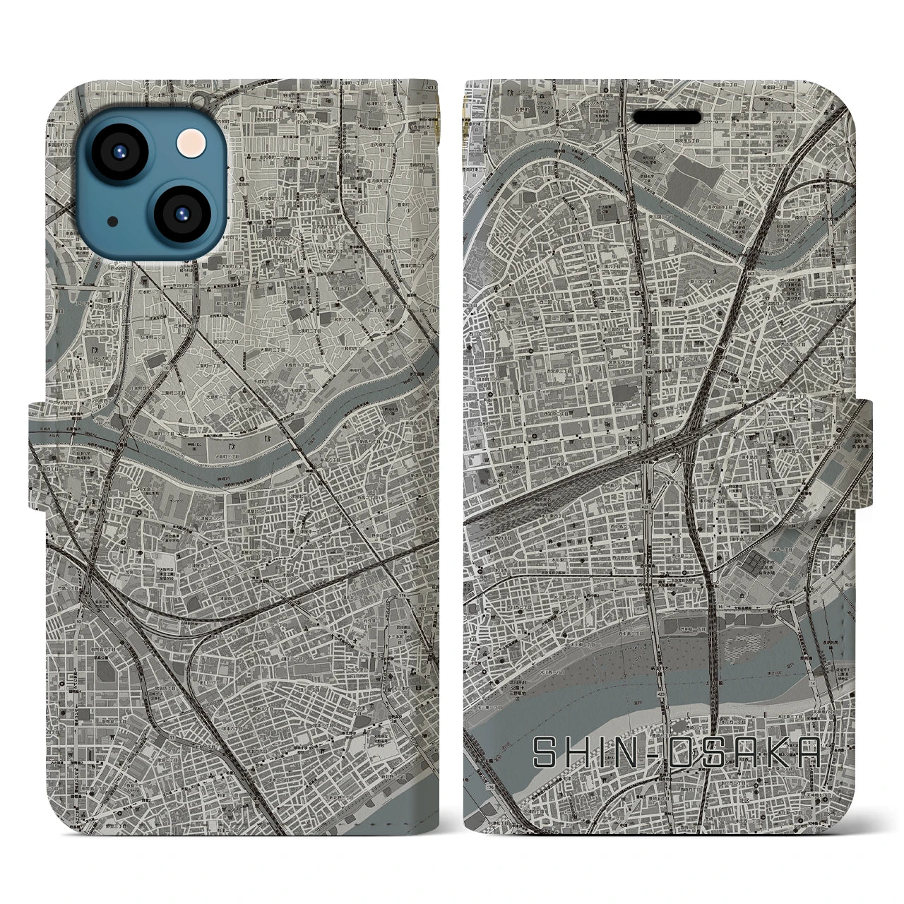 【新大阪(大阪府)】地図柄iPhoneケース(手帳タイプ)モノトーン・iPhone 13 用