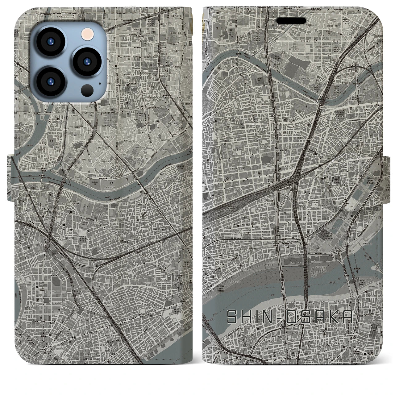 【新大阪(大阪府)】地図柄iPhoneケース(手帳タイプ)モノトーン・iPhone 13 Pro Max 用