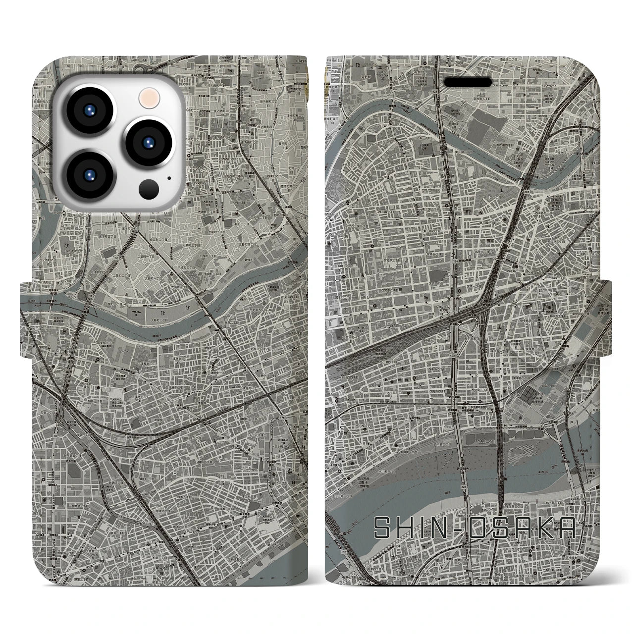 【新大阪(大阪府)】地図柄iPhoneケース(手帳タイプ)モノトーン・iPhone 13 Pro 用