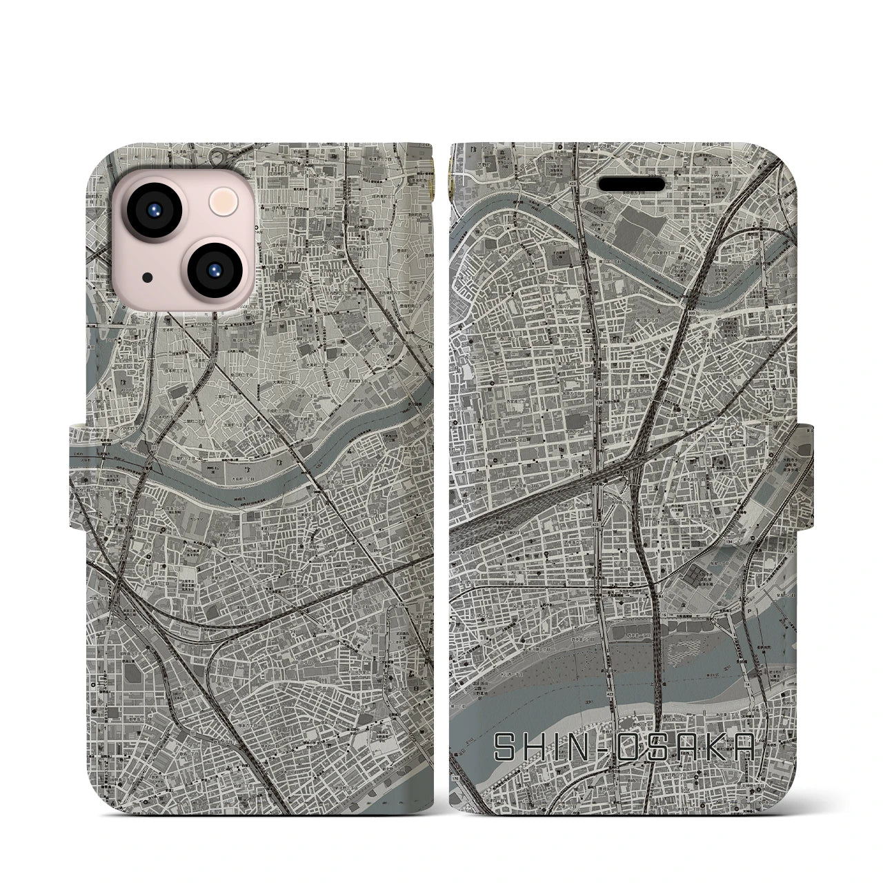 【新大阪(大阪府)】地図柄iPhoneケース(手帳タイプ)モノトーン・iPhone 13 mini 用