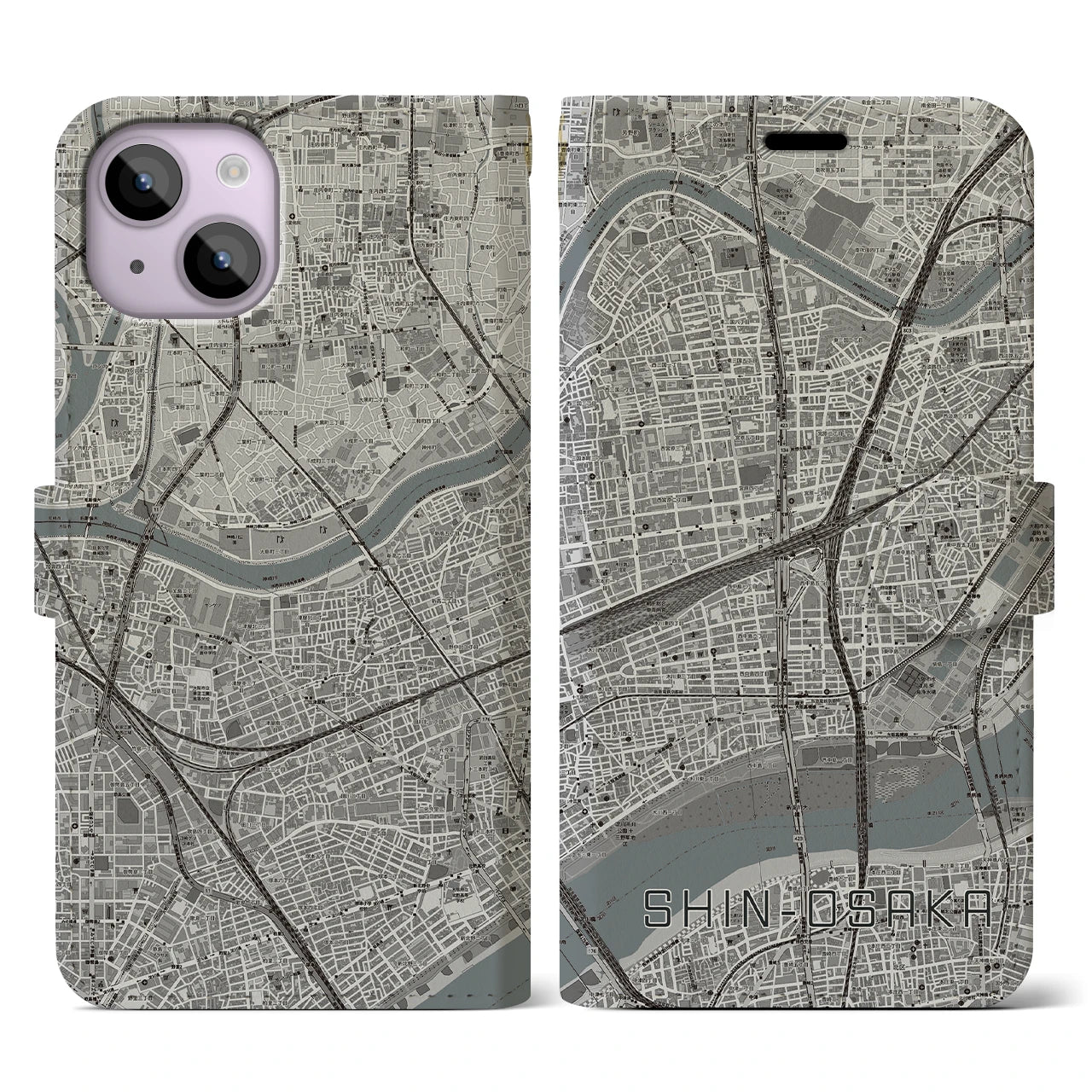 【新大阪(大阪府)】地図柄iPhoneケース(手帳タイプ)モノトーン・iPhone 14 用