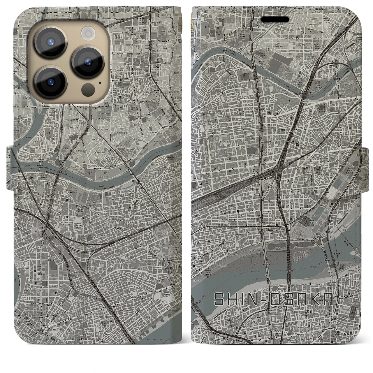 【新大阪(大阪府)】地図柄iPhoneケース(手帳タイプ)モノトーン・iPhone 14 Pro Max 用