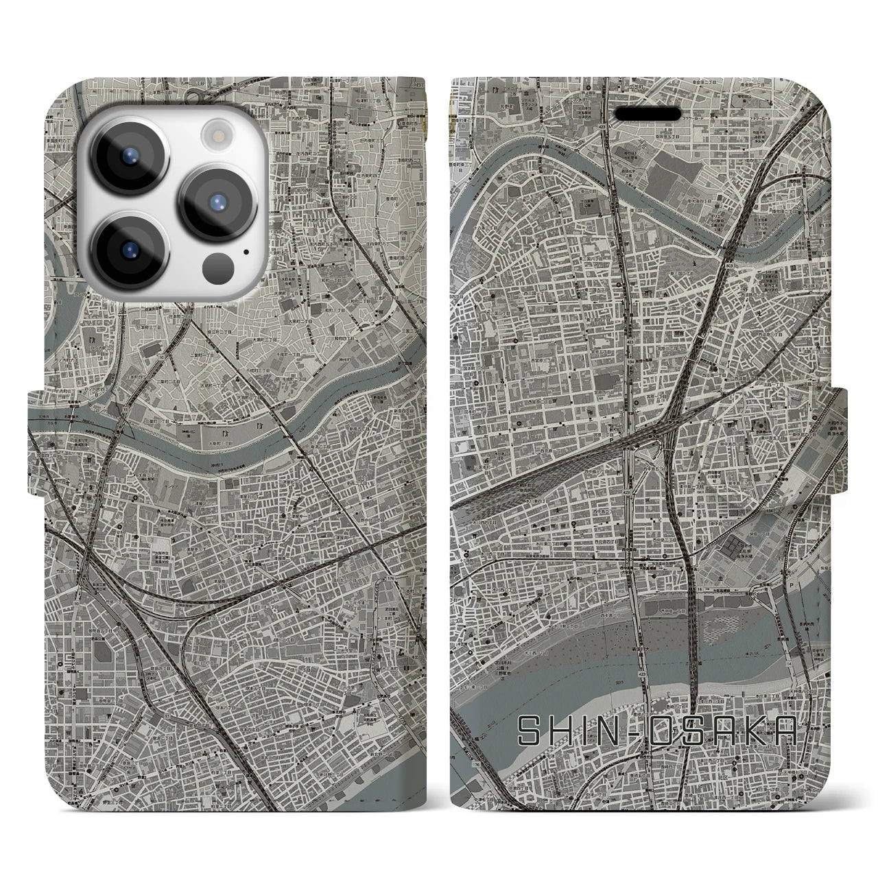 【新大阪(大阪府)】地図柄iPhoneケース(手帳タイプ)モノトーン・iPhone 14 Pro 用