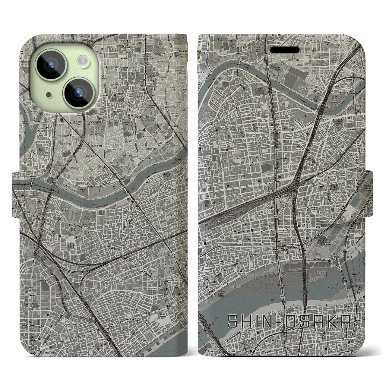 【新大阪(大阪府)】地図柄iPhoneケース(手帳タイプ)モノトーン・iPhone 15 用